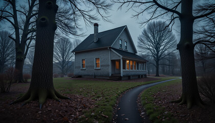 Eerie old cottage in dark woods with haunting atmosphere, mystery