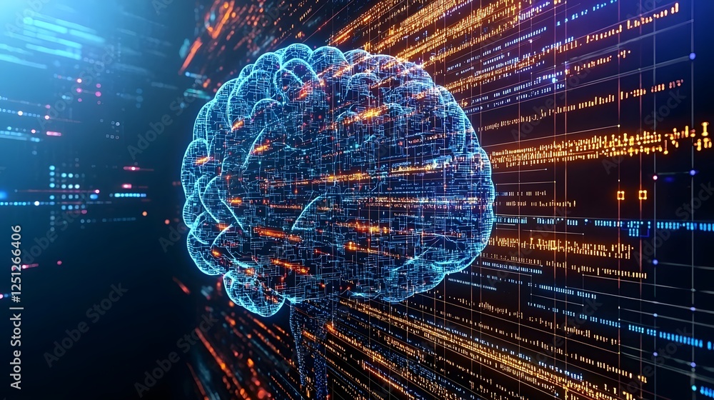Poster futuristic brain with dynamic light trails and coded connections abstract visualization of machine l
