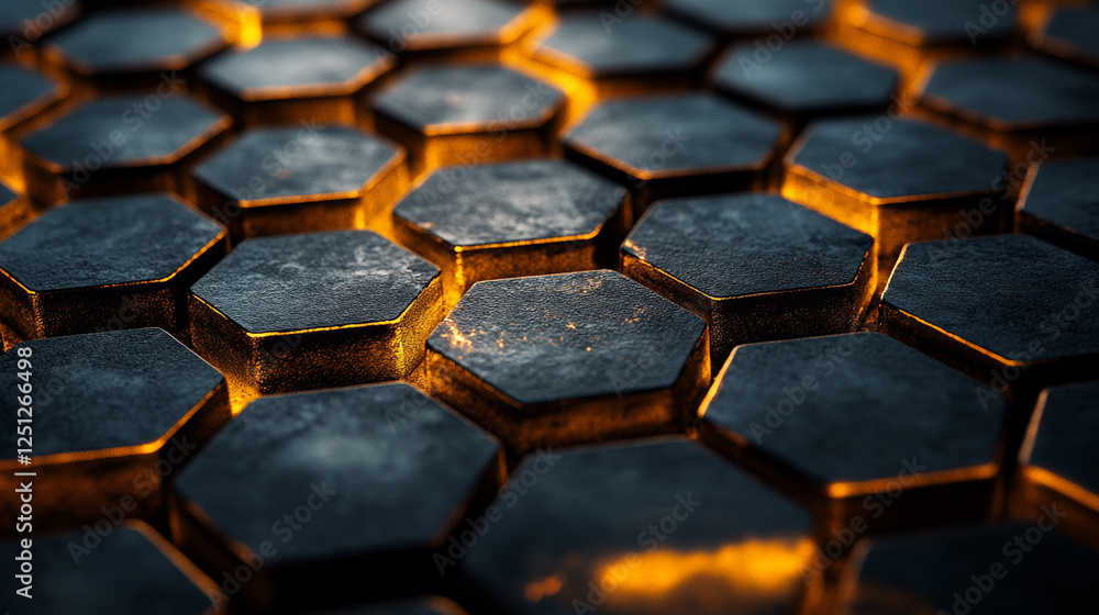 Aufkleber close up of metallic hexagonal pattern illuminated with warm orange glow