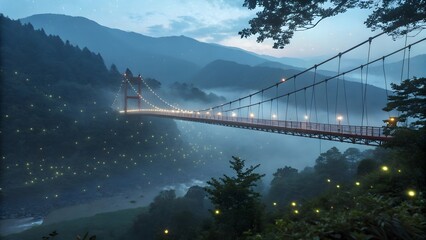 Obraz premium Serene Bridge Illuminated by Fireflies Over Misty Valley at Dusk with Mountain Backdrop