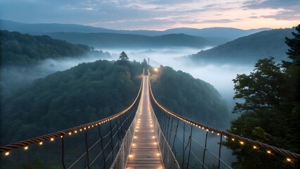Obraz premium Misty Morning Landscape with Suspension Bridge Surrounded by Lush Green Hills and Foggy Atmosphere