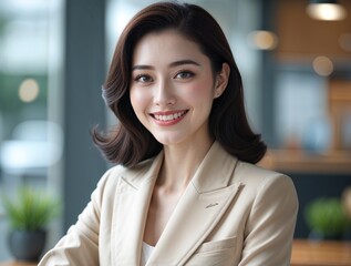 Obraz premium A smiling confident woman with glossy hair, dressed in a stylish beige blazer, exudes charm.