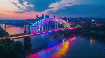 Obraz premium beautiful view of the bridge filled with neon lights