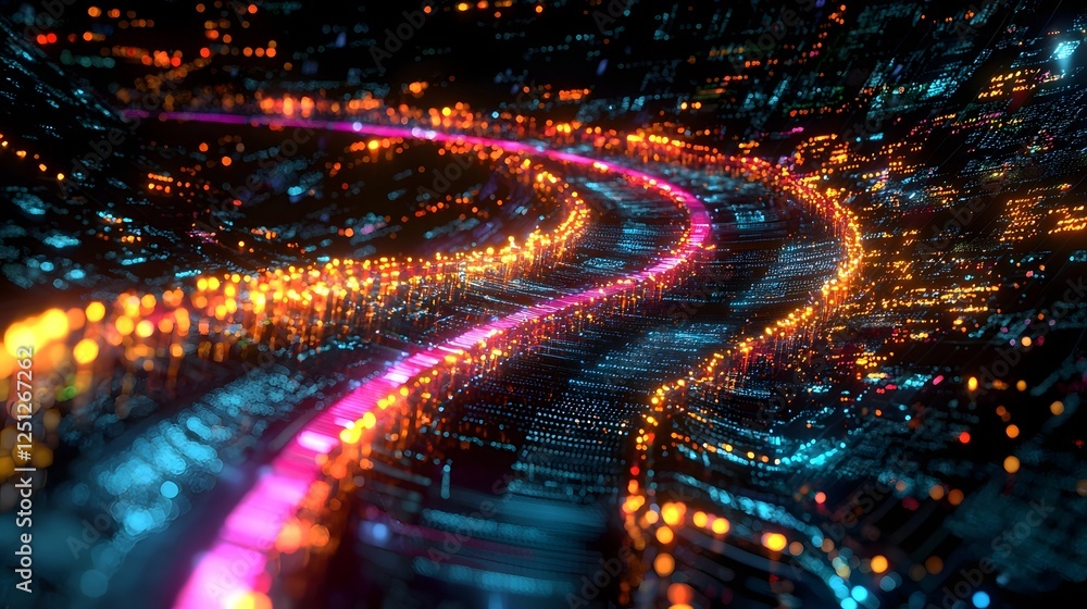Poster glowing data analysis pathway with dynamic lines and lights representing the interconnected processe