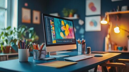 Bright and colorful home office workspace with a modern computer setup, vibrant decor, and inspiring artwork, ideal for creative professionals seeking motivation