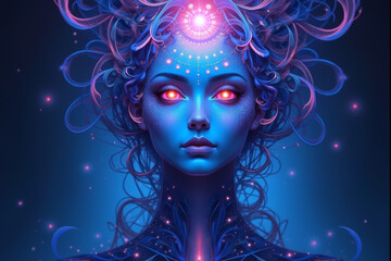 Obraz premium Female face with pink luminous crown and cosmic-style etheric energy patterns on dark background