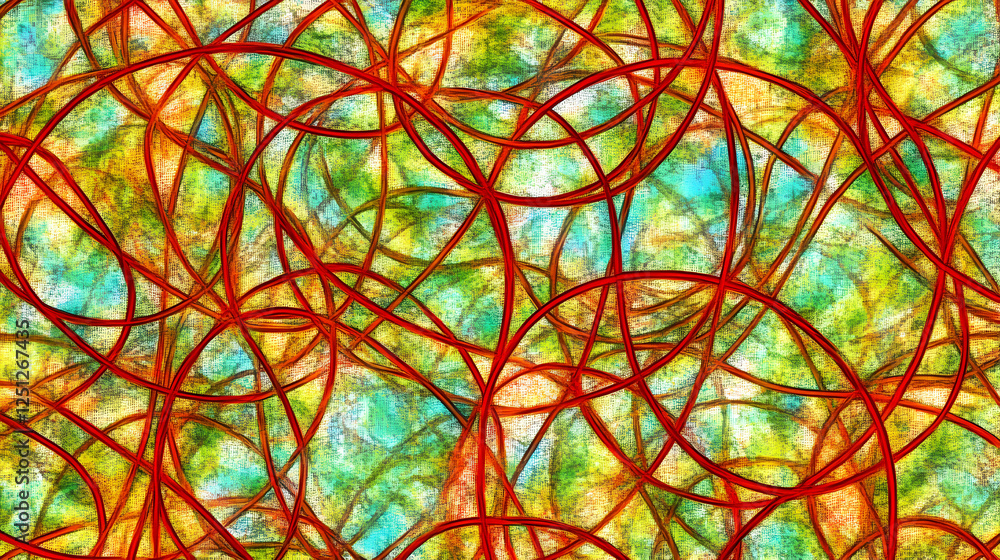 Aufkleber abstract vibrant artwork featuring intertwined red lines on a multicolored background. perfect for m