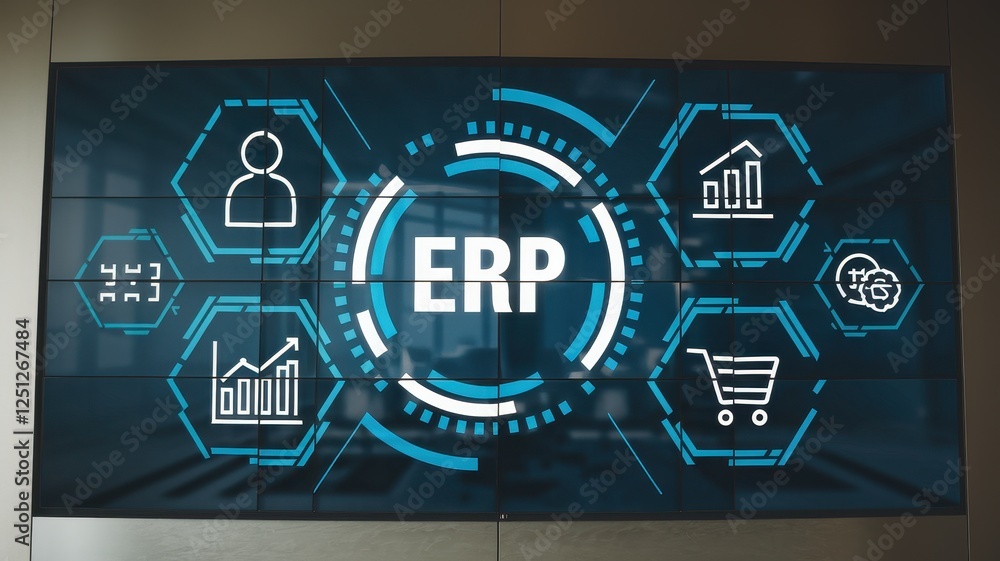 Poster enterprise resource planning (erp) system visualization on a modern digital display