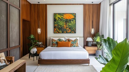 Bedroom in the tropical modern style, featuring rich wood accents and vibrant greenery