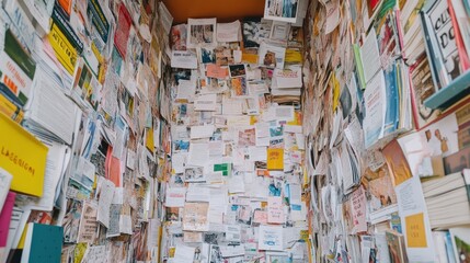 Fototapeta premium Papers, flyers, books, information overload, narrow space, urban, collage, background, advertising