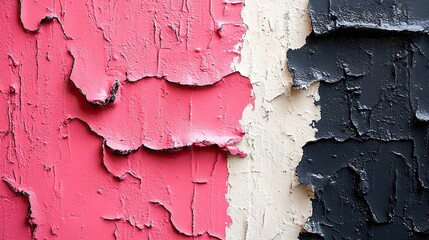 Fototapeta premium Closeup of colorful black, pink, white, and beige painted urban wall texture with two wrinkled, glued poster templates. Modern mockup for design presentation, creative urban city background.