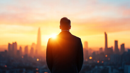 Fototapeta premium man in suit stands against sunset skyline, reflecting on future. vibrant colors of sky create hopeful atmosphere