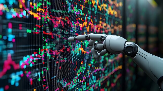 Robotic arm pointing towards a vibrant data visualization display featuring dynamic charts graphs and financial analytics  Representing the power of machine intelligence