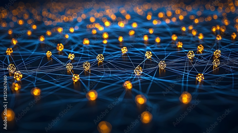 Poster digital artwork depicting a futuristic network of glowing machine learning nodes interconnected in a