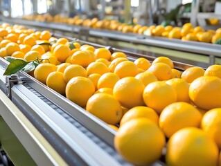 Conveyor belt with ripe oranges in a modern processing facility for quality distribution.
