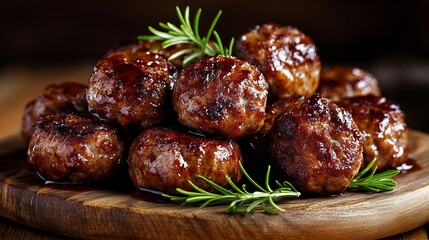 Close-up of savory, glazed meatballs, glistening with a rich sauce, garnished with fresh rosemary sprigs.