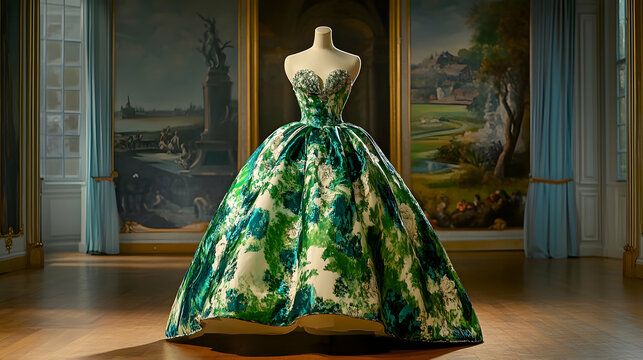 A stunning floral gown glows in a historic gallery during golden hour