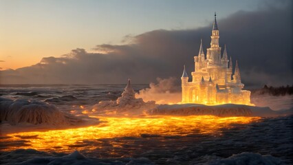 Majestic Ice Castle Surrounded by Fiery Lava Under a Dramatic Sunset Sky in a Fantasy Landscape