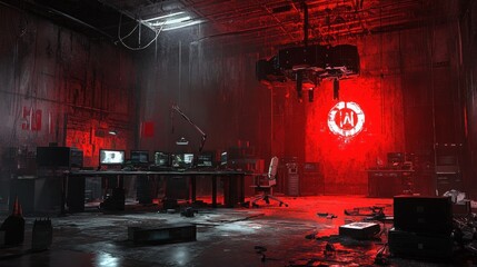 Red-lit underground server room, damaged equipment, surveillance, hacking backdrop