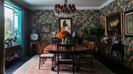 Dining room with dark teal and orange floral wallpaper, antique wooden furniture, a vintage chandelier hanging from the ceiling