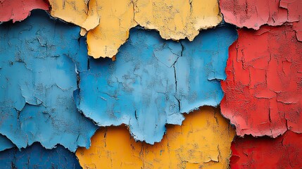 Obraz premium Closeup of colorful blue, red, and orange painted urban wall with wrinkled glued poster template.