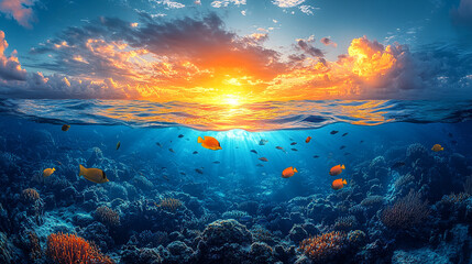 Stunning underwater sunset with vibrant marine life and colorful coral reef