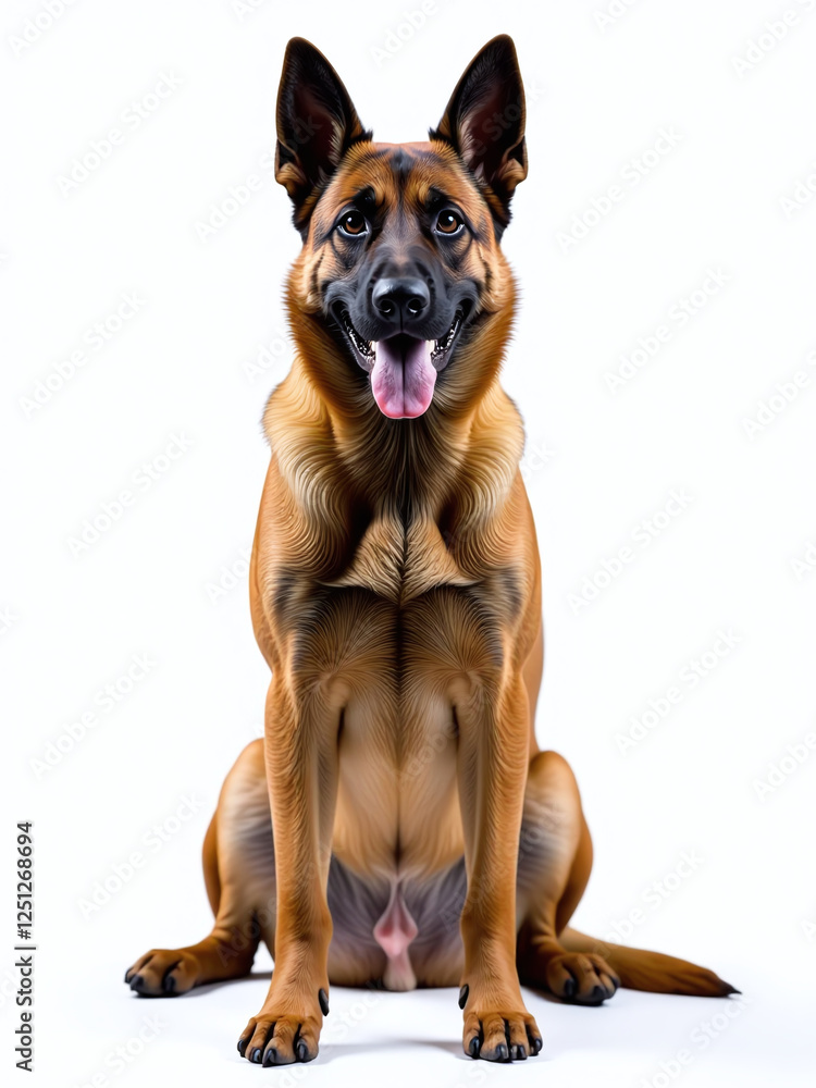 Poster image of a belgian malinois dog sitting in front of a white background with isolated transparent edg