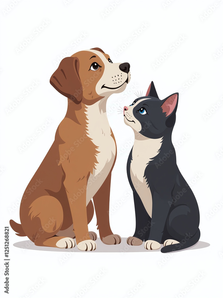 Poster isolated image of a dog and cat together on a white background forming a unique graphic logo design.