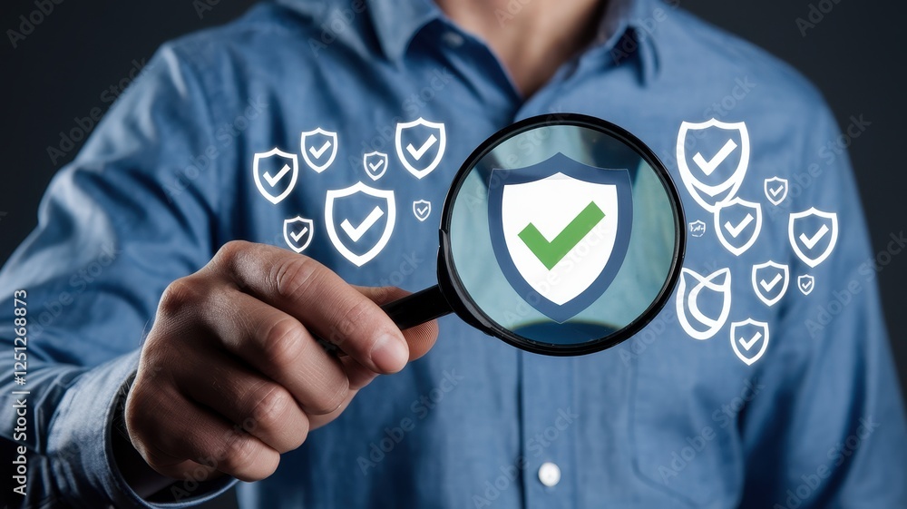 Poster cybersecurity check: magnifying glass reveals secure shield and checkmarks, ensuring data protection