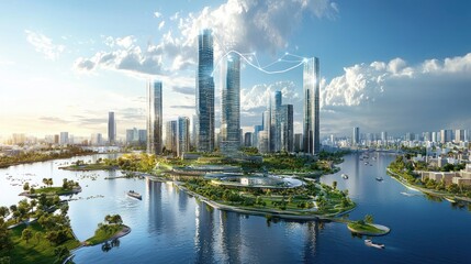 Modern city skyline, river, sunrise, smart city tech, architectural rendering, urban development