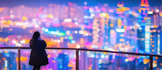 Woman gazing at night cityscape from balcony