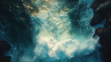 Fototapeta premium Ocean waves crashing against rocks, aerial view, dramatic lighting, coastal background, nature