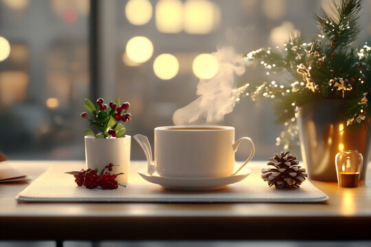 P A winter view of a steaming tea set juxtapo
