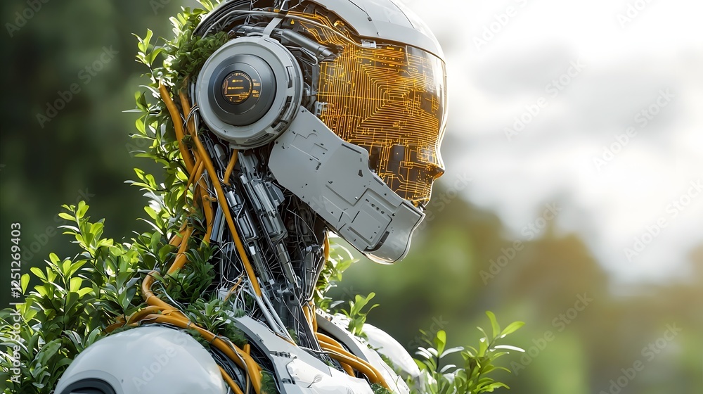 Poster innovative ai powered technology seamlessly integrating with organic patterns and textures represent
