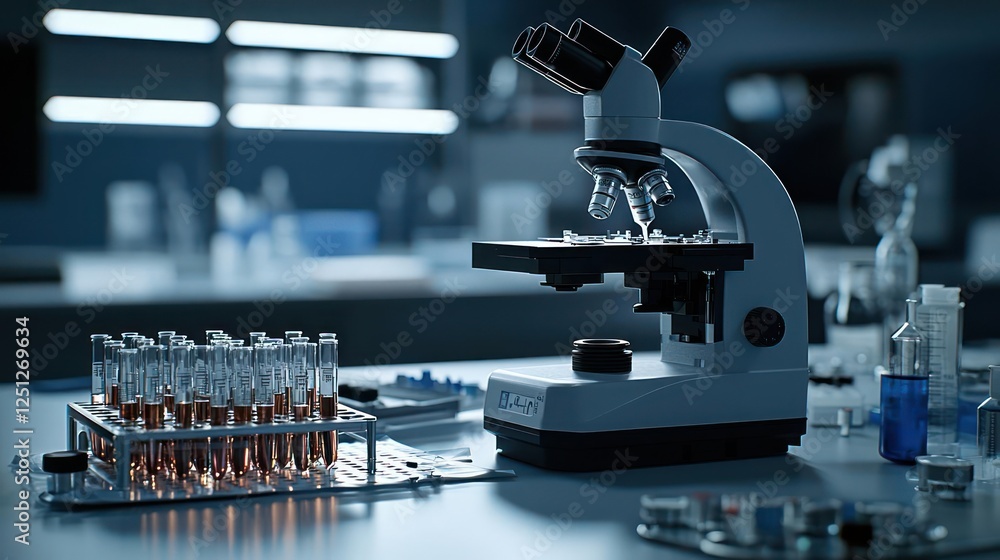 Poster laboratory microscope and test tubes in dark research setting