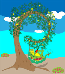 Frog with smartphone under tree. Vector illustration