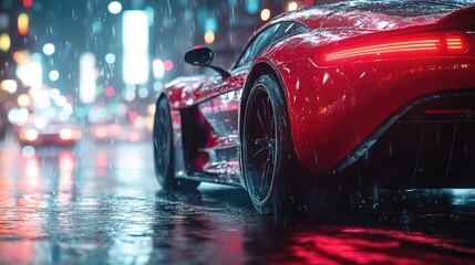 A sleek, black sports car races down a futuristic city street at night,