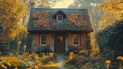 Obraz premium Autumnal thatched cottage, garden path, woods background, idyllic home