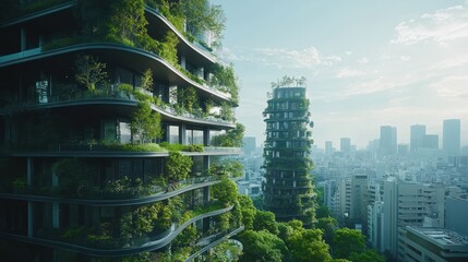 Obraz premium Green city, vertical garden, sustainable architecture, cityscape, sunrise, eco-friendly, building, Japan