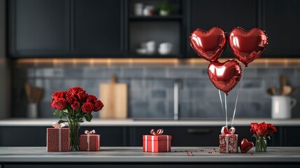 Valentine's Day background with red heart-shaped balloons, roses, and gift boxes on the table in a modern kitchen interior. Space for text, stock photo contest winner, high resolution, stock quality, 