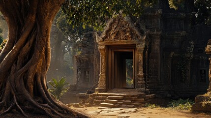 Naklejka premium Ancient temple entrance, jungle tree, Cambodia, sunrise mist, travel