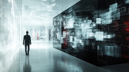 Fototapeta premium Man walks futuristic data center, digital screens, glowing background, tech concept