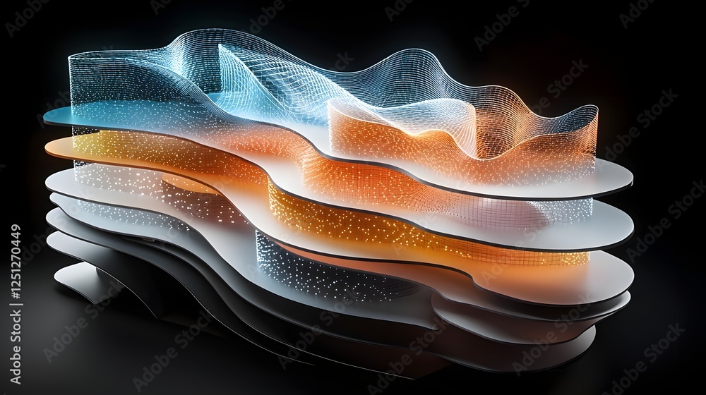 Poster futuristic machine learning layers visualized as vibrant abstract diagram with fluid waves gradients