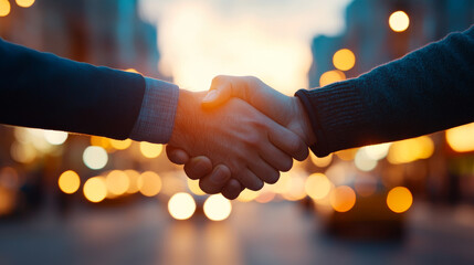 close up of two hands shaking in city setting, symbolizing agreement and partnership. background features blurred urban scene with warm lights, creating welcoming atmosphere
