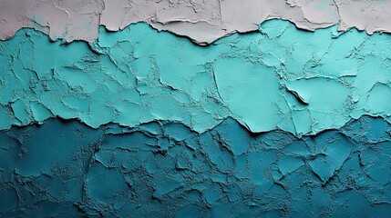 Obraz premium Closeup of geometrical teal and mint painted urban wall with wrinkled glued poster template. Modern mockup for design.