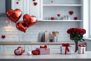 Valentine's Day background with red heart-shaped balloons, roses, and gift boxes on the table in a modern kitchen interior. Space for text, stock photo contest winner, high resolution, stock quality, 