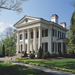 Obraz premium Grand neoclassical mansion, sunny landscape, driveway, architectural design, real estate