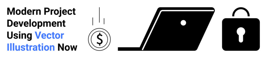 Laptop, falling dollar coin, and lock icon symbolizing secure financial management and digital development. Ideal for business innovation, tech security, finance, project management, productivity