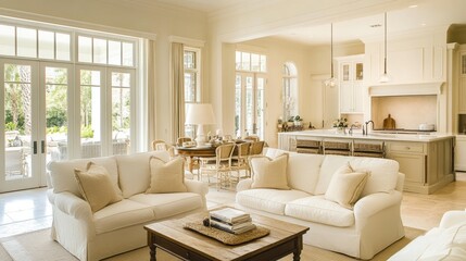 Fototapeta premium Bright and elegant interior featuring a soft-toned living room and a crisp white kitchen.