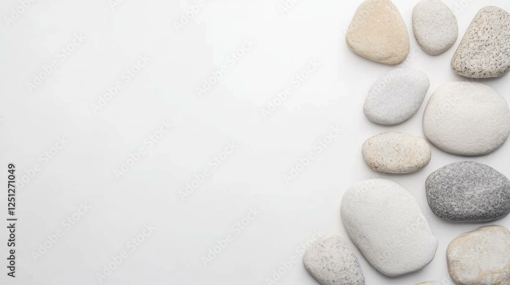 Poster smooth white and grey pebbles arranged on a light background, creating a minimalist and tranquil atm